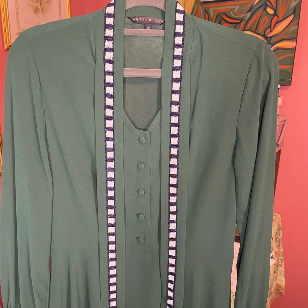 Abbey Glass forest green A Line Fit & Flare Dress long textured neck tie XS $300 - Picture 2 of 6